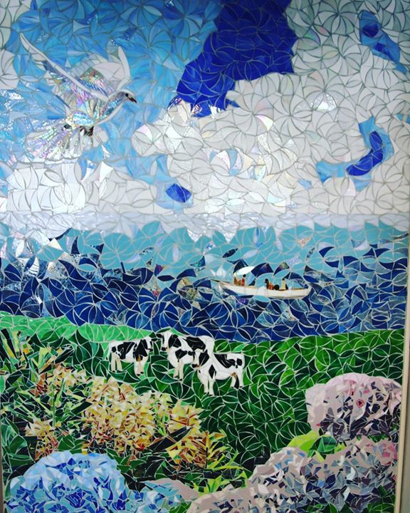 #mosaic #mural #azores #landscapelover #dove #cows #fisherman #hydrangeas #bluesky #portugal #glassmosaic #art #artwall #architecture…